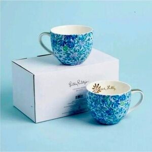 NIB - Lilly Pulitzer Blue Ceramic Coffee Mug or Tea Cup with Gold Handle